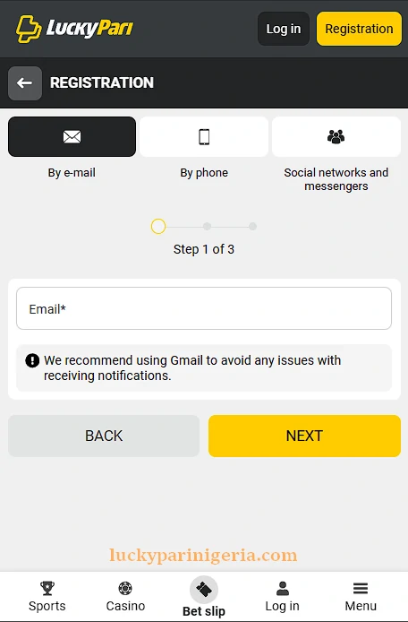 Email registration form screen
